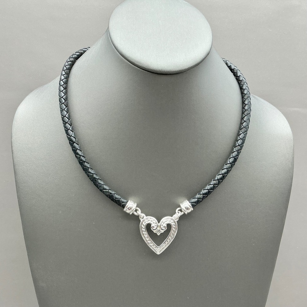 Premier Designs Necklace Women Black Silver Braided Leather Heart Charm Choker
